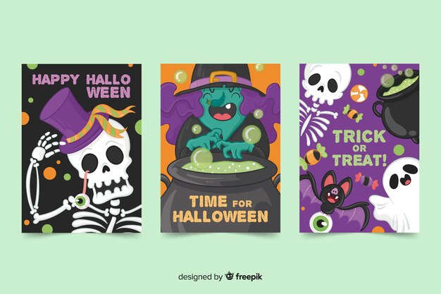Colección de criaturas de tarjetas de halloween dibujadas a mano