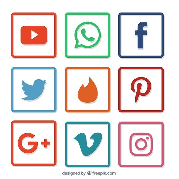 Colección de cuadros de bordes de colores con iconos de redes sociales 