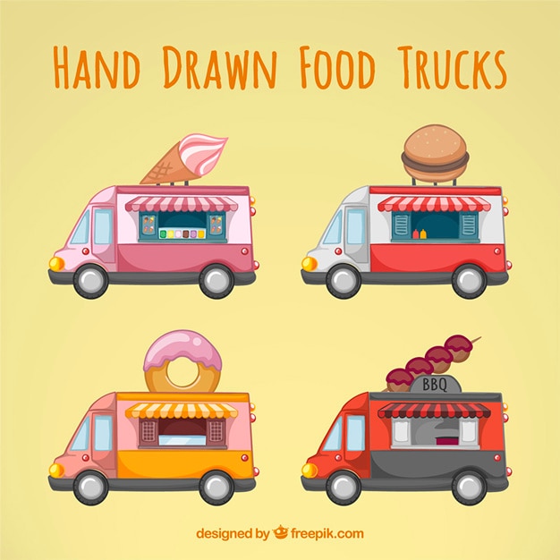 Vector gratuito colección de cuatro camionetas retro de comida