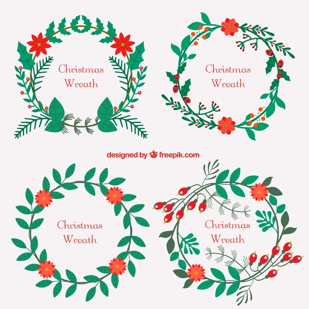 Colección de cuatro coronas planas de navidad con flores rojas