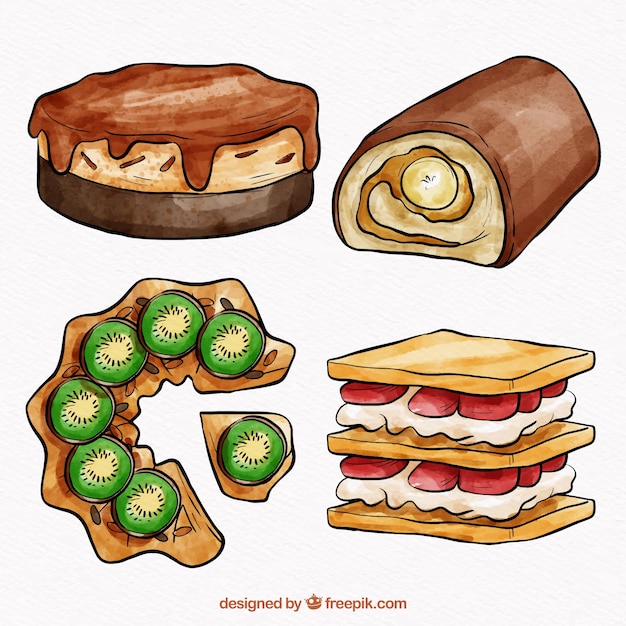 Vector gratuito colección de cuatro deliciosas tartas de acuarela