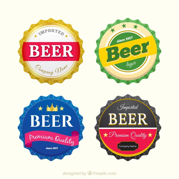 Colección de cuatro etiquetas de cerveza redondas en diseño realista