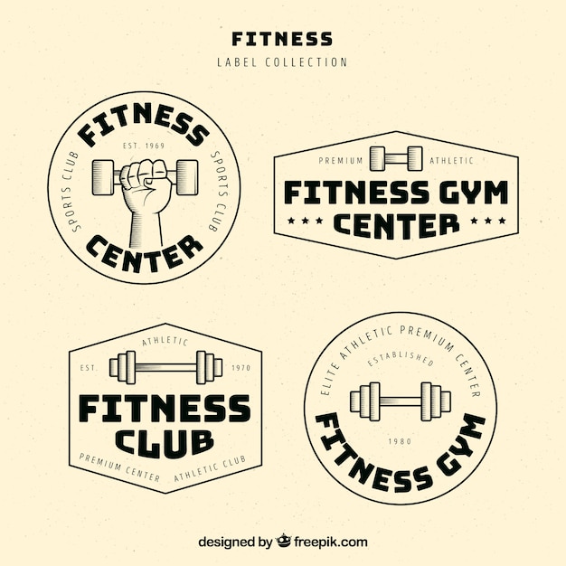 Vector gratuito colección de cuatro etiquetas de fitness retros