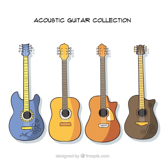 Colección de cuatro guitarras acústicas con diferentes diseños