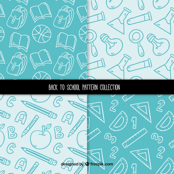 Vector gratuito colección de cuatro patrones de vuelta al cole