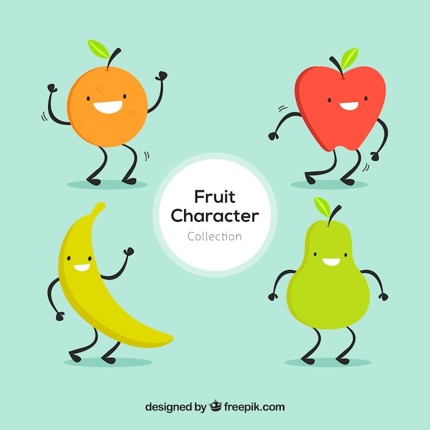 Vector gratuito colección de cuatro personajes de fruta felices