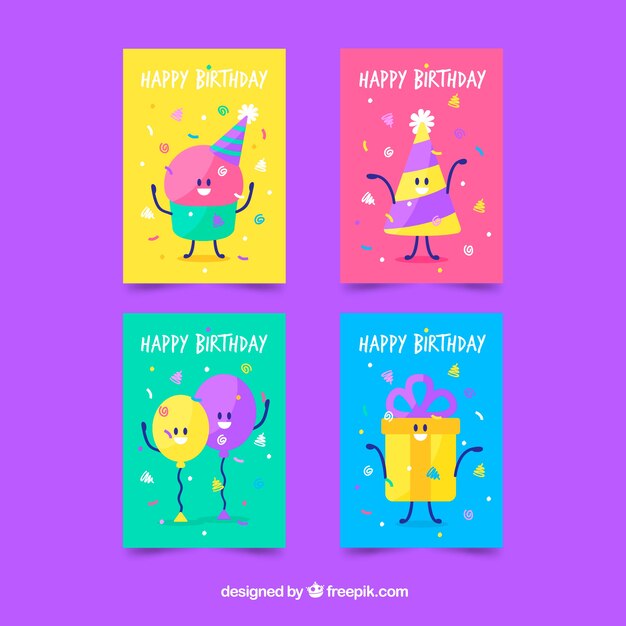 Colección de cuatro tarjetas de cumpleaños coloridas en diseño plano