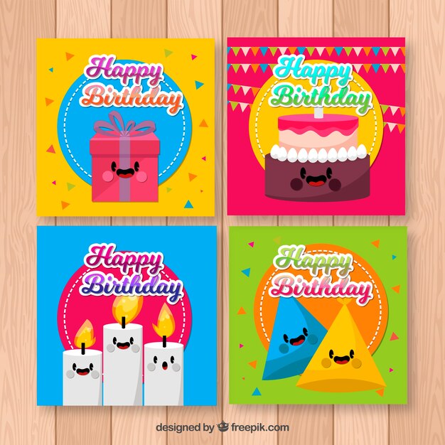 Colección de cuatro tarjetas de cumpleaños coloridas en diseño plano