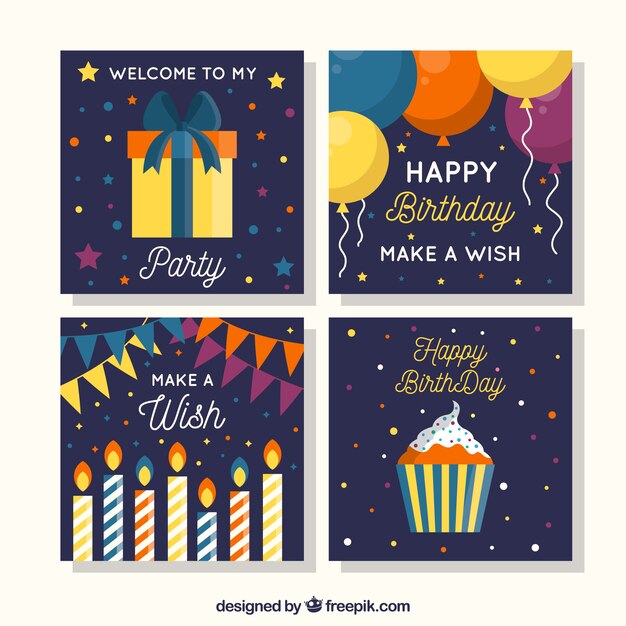 Colección de cuatro tarjetas de cumpleaños cuadradas en diseño plano