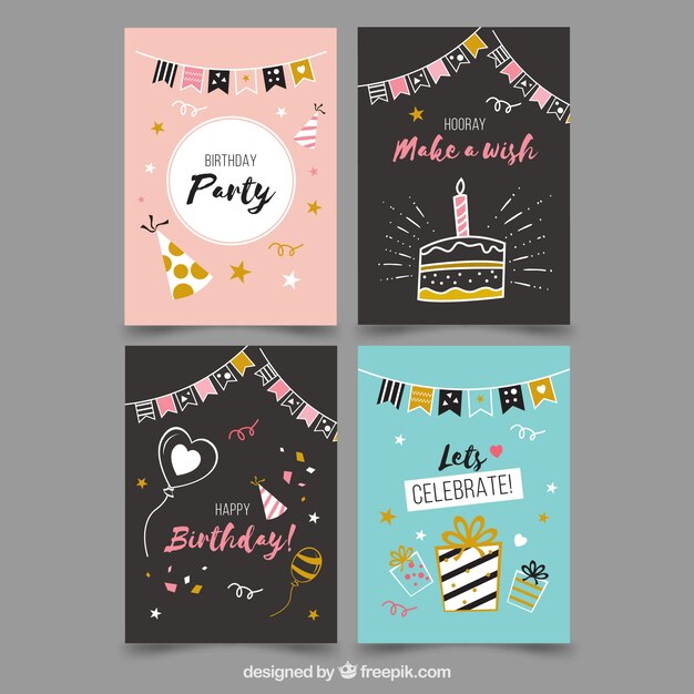 Colección de cuatro tarjetas de cumpleaños en diseño plano