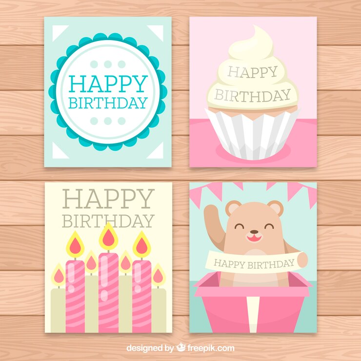 Vector gratuito colección de cuatro tarjetas de cumpleaños en diseño plano