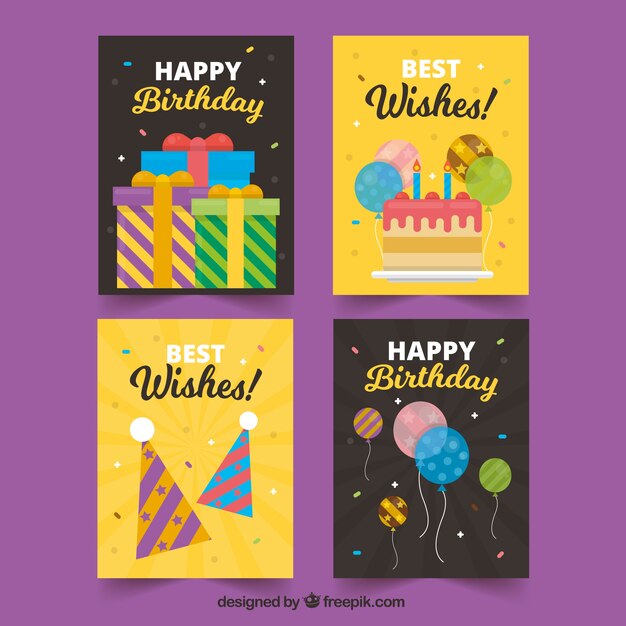 Colección de cuatro tarjetas feliz cumpleaños