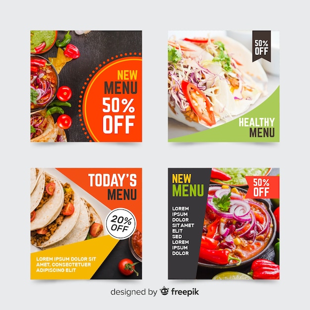 Vector gratuito colección culinaria de publicaciones de instagram con foto