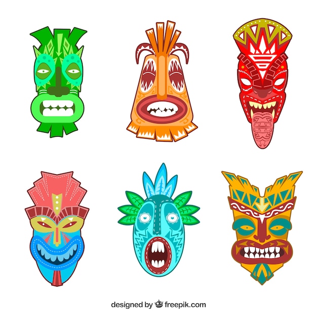 Colección d máscaras tiki de colores dibujadas a mano 