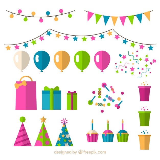 Colección de decoración de cumpleaños en diseño plano 