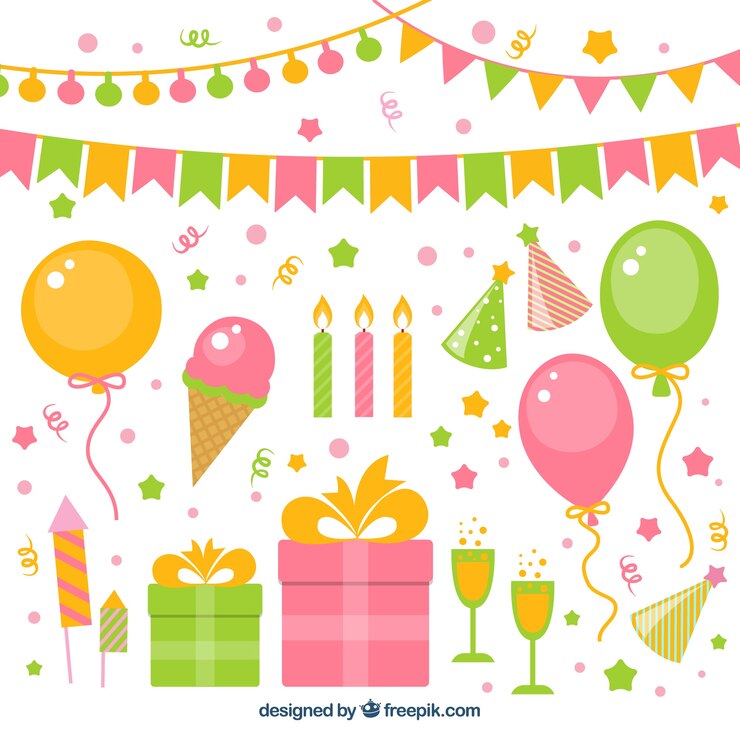 Vector gratuito colección de decoración de cumpleaños en diseño plano 