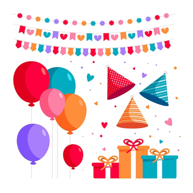 Vector gratuito colección de decoración de cumpleaños de diseño plano