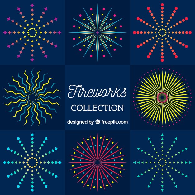 Colección de decorativos fuegos artificiales en diseño plano