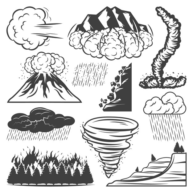 Colección de desastres naturales vintage con tornado erupción volcánica tormenta lluvia granizo tormenta deslizamiento de tierra avalancha fuego salvaje aislado