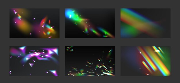 Colección de destellos de prisma de diamante de efecto de luz Fondos con lente de reflexión de cristal de arco iris joyería de vidrio de refracción o ilusión de física óptica de resplandor de piedra de gema Ilustración de vector 3d realista