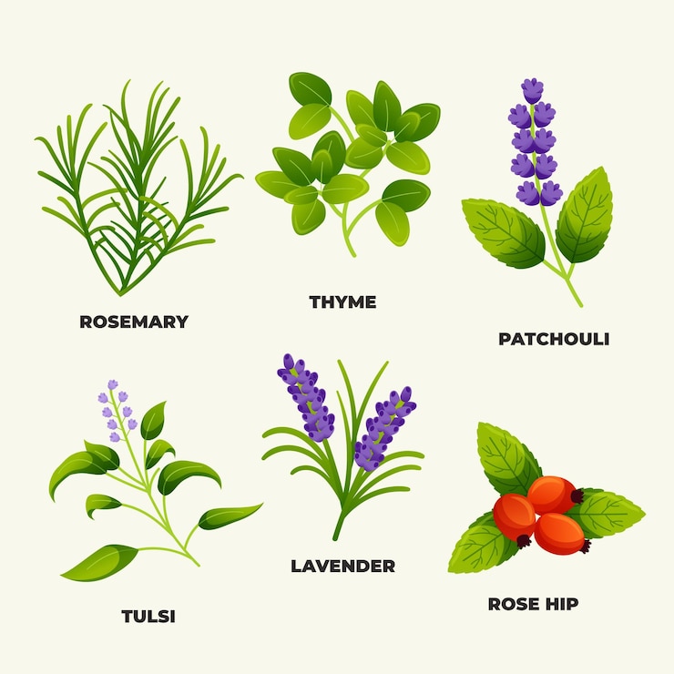 Vector gratuito colección detallada de hierbas de aceite esencial