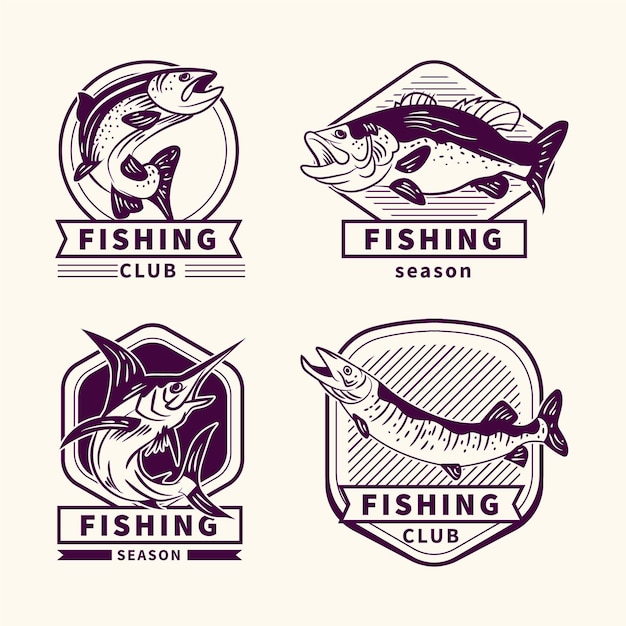 Colección detallada de insignias de pesca vintage