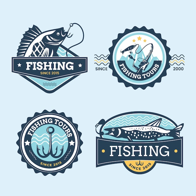 Colección detallada de insignias de pesca vintage