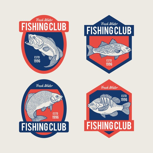 Colección detallada de insignias de pesca vintage