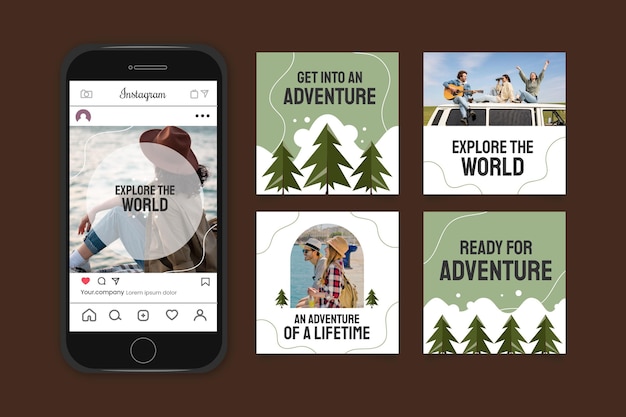 Vector gratuito colección detallada de publicaciones de instagram de aventuras con foto