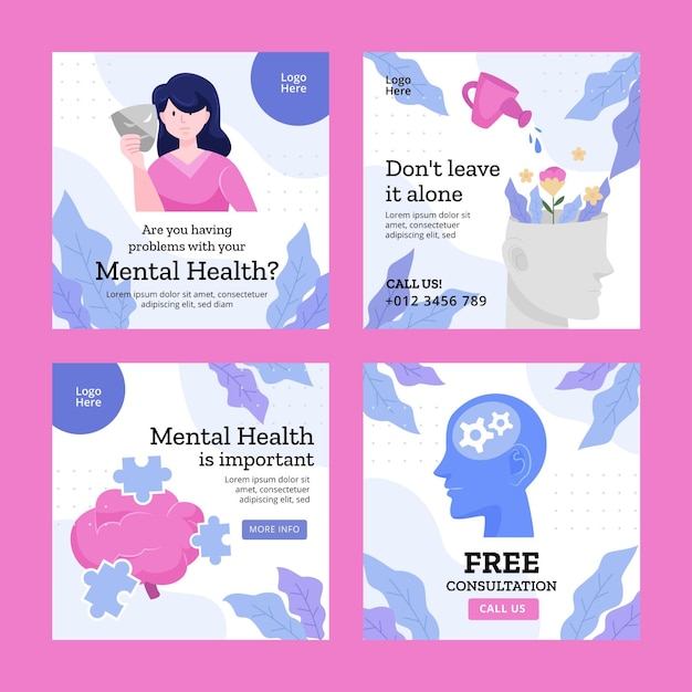 Vector gratuito colección detallada de publicaciones de instagram de salud mental