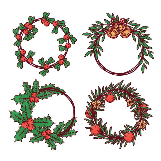 Colección dibujada de coronas navideñas