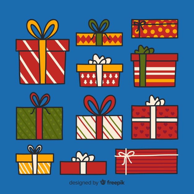 Colección dibujada a mano de cajas de regalos de navidad