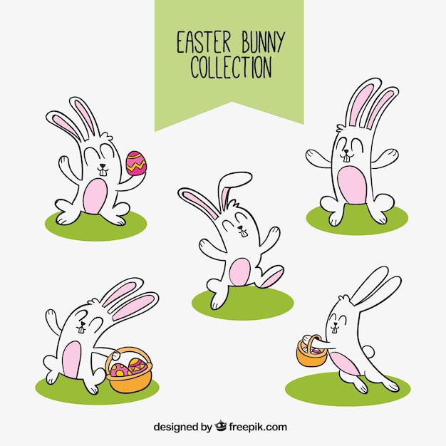 Vector gratuito colección dibujada a mano de conejos de pascua felices