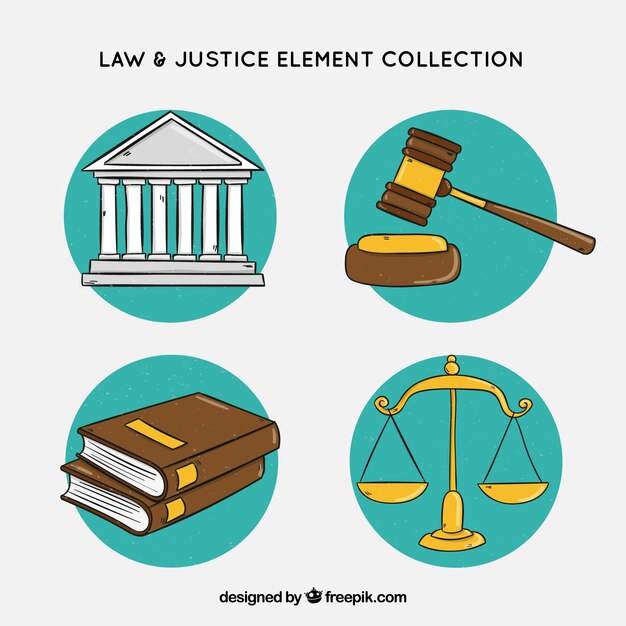 Colección dibujada a mano de elementos de ley y justicia