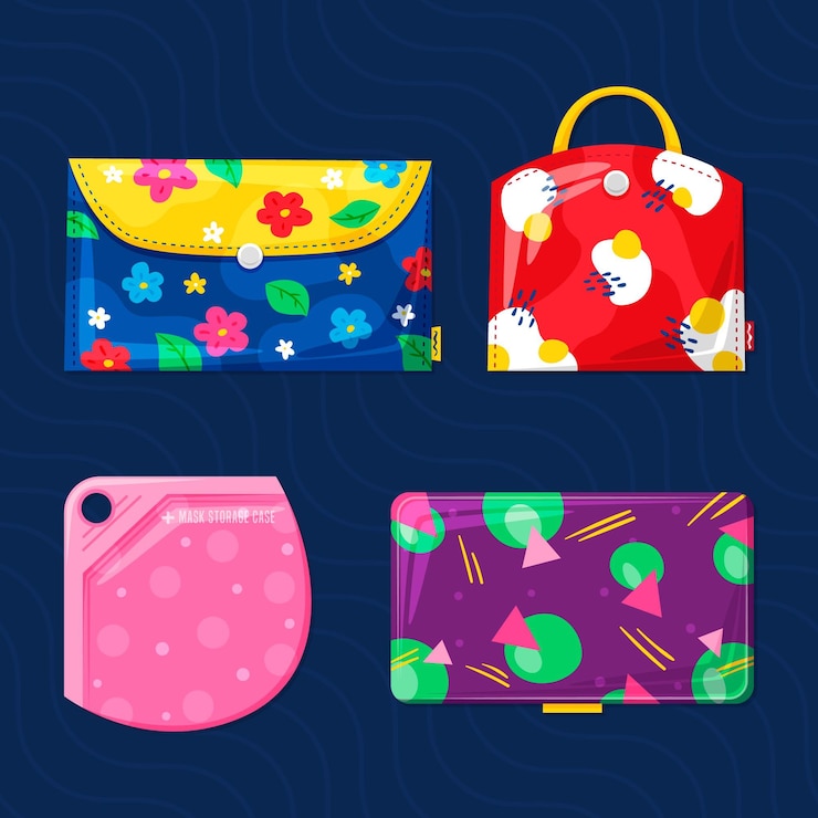 Vector gratuito colección dibujada a mano de estuches de almacenamiento de mascarillas