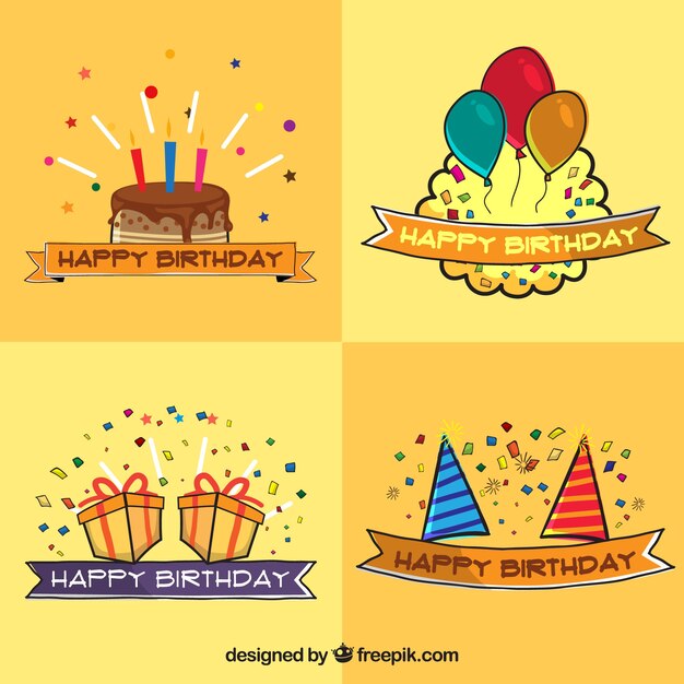 Colección dibujada a mano de etiquetas de cumpleaños de colores