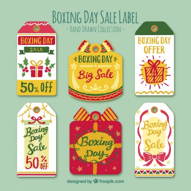 Colección dibujada a mano de etiquetas de rebajas fantásticas del boxing day