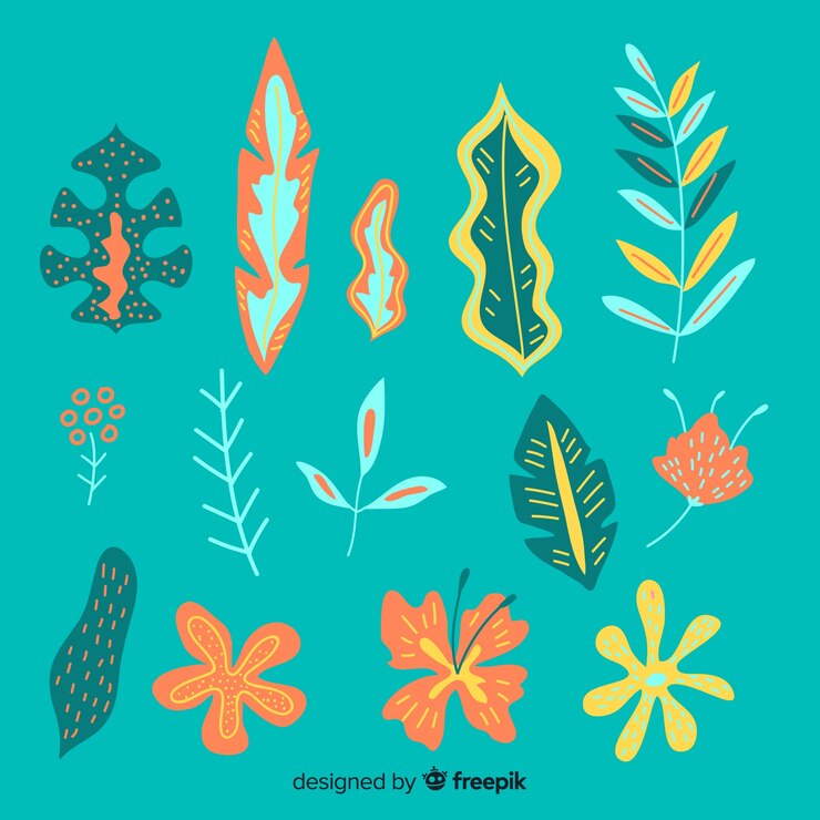 Vector gratuito colección dibujada a mano de flores y hojas coloridas
