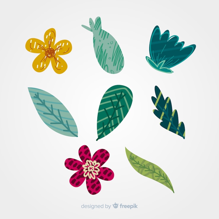 Vector gratuito colección dibujada a mano de flores y hojas coloridas