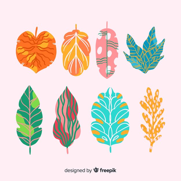 Colección dibujada a mano de flores y hojas coloridas