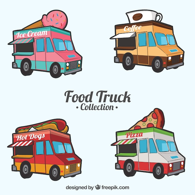 Colección dibujada a mano de food trucks divertidos