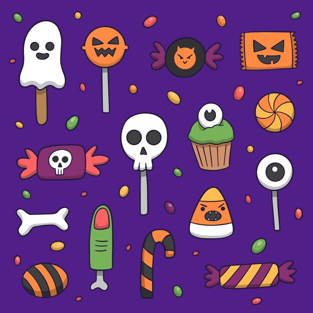 Colección dibujada a mano de golosinas de halloween