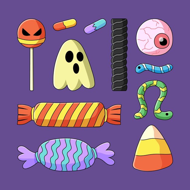 Colección dibujada a mano de golosinas de halloween