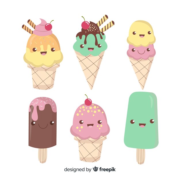 Colección dibujada a mano helados kawaii