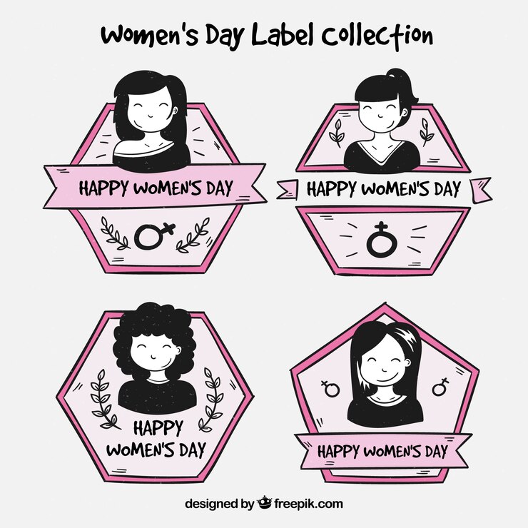Vector gratuito colección dibujada a mano de insignias del día de la mujer