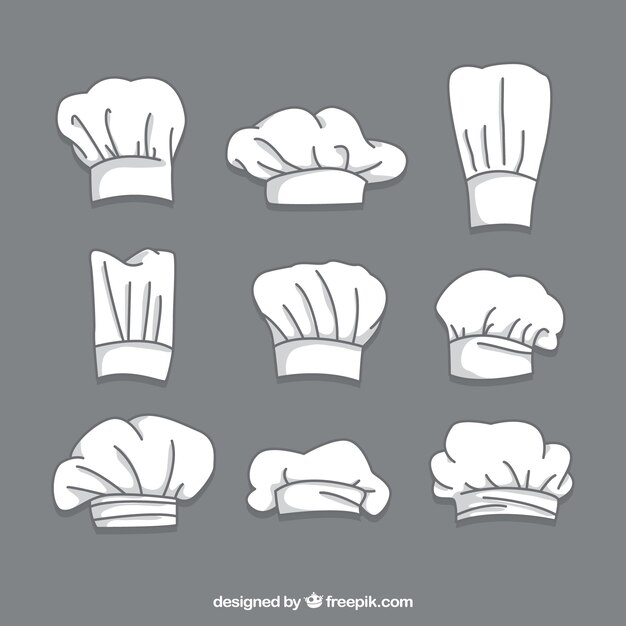 Colección dibujada a mano de nueve gorros de chef