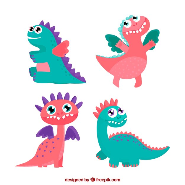 Colección dibujada a mano de personajes de dragones bebés