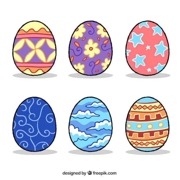 Colección dibujada a mano de seis huevos de pascua de color