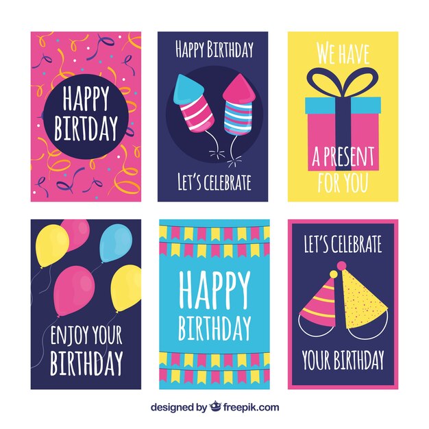 Colección dibujada a mano de seis tarjetas de cumpleaños
