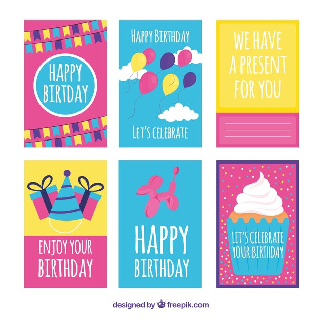 Colección dibujada a mano de seis tarjetas de cumpleaños